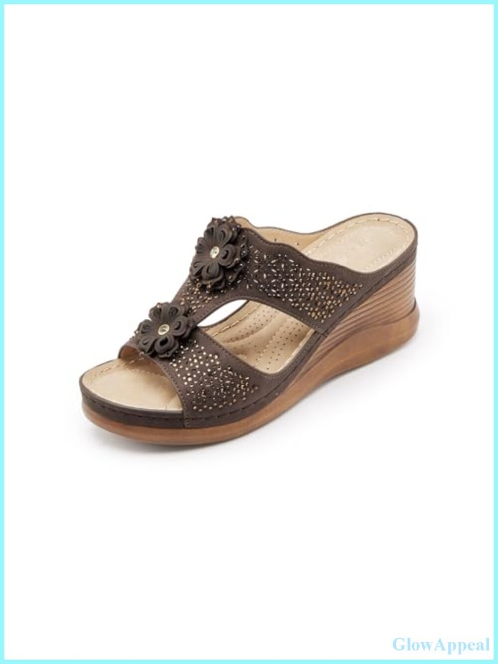 Women's Rhinestone Wedge Slide Sandals Double Strap Floral Faux Leather